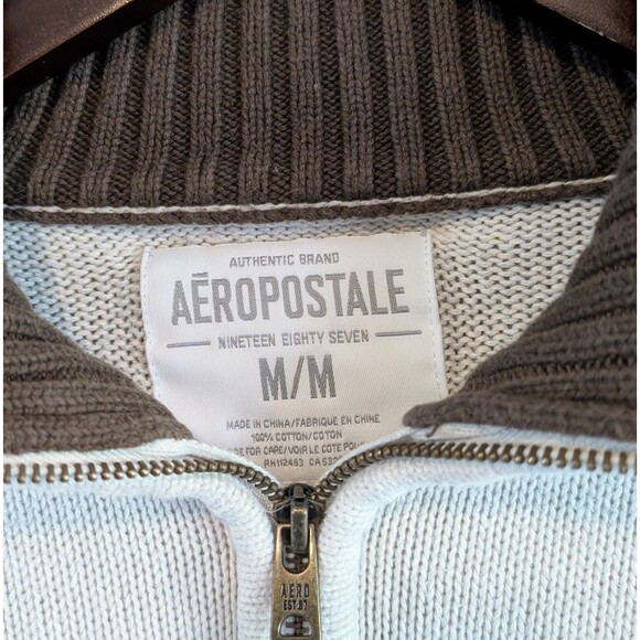 Aeropostale Size Medium Quarter Zip Sweater Mens Off White Cotton Knit LS 1/4 LS - Picture 2 of 5